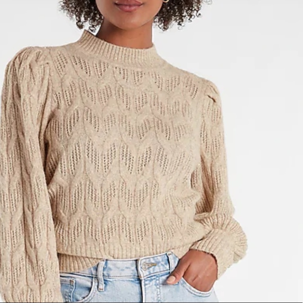 Metallic gold open stitch balloon sleeves mock neck sweater